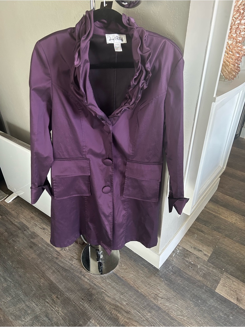 Joseph Ribkoff Deep Purple Ruffle Collar Satin Coat Jacket